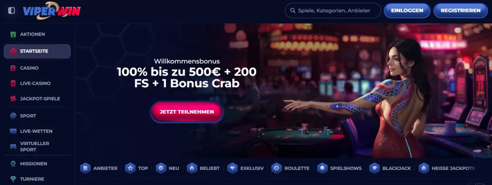 Viperwin Casino – 100% bis zu 500 € + 200 Freispiele + 1 Bonus Crab sichern